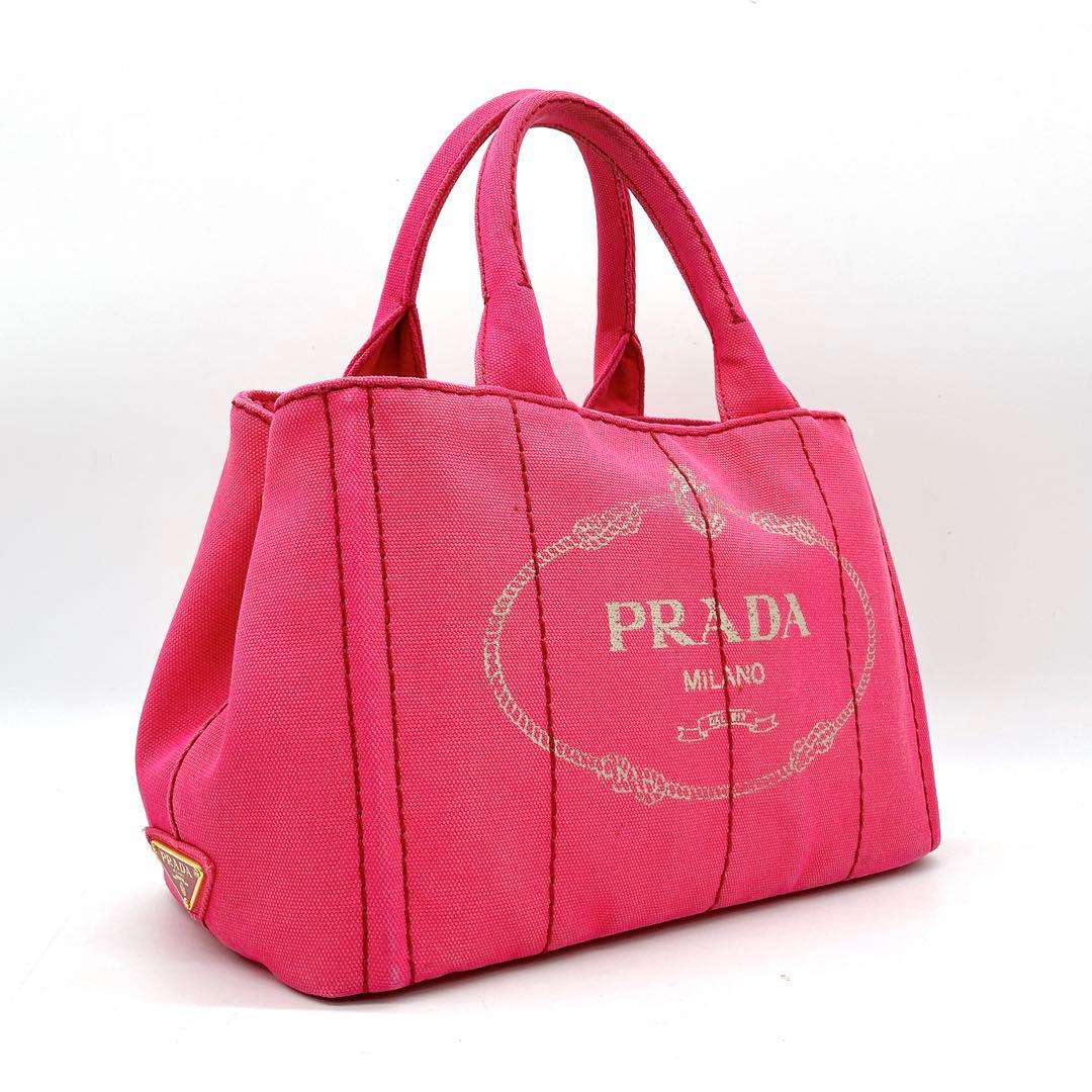 Prada Tote Bag Denim Bag Canapa Triangle Logo Plate Pink