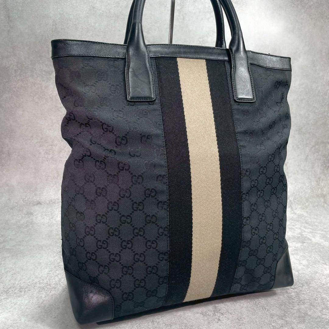 Gucci GG Sherry Line Tote Black Beige Leather