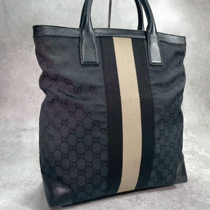 Gucci GG Sherry Line Tote Black Beige Leather
