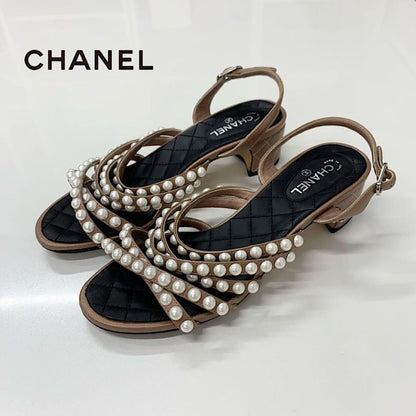 Chanel Leather CC Logo Pearl Quilted Strap Sandals Brown