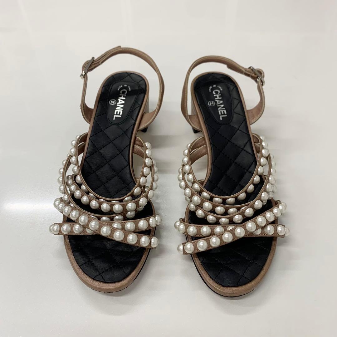 Chanel Leather CC Logo Pearl Quilted Strap Sandals Brown — view 2