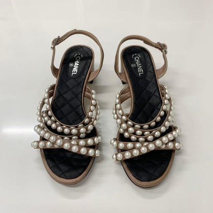 Chanel Leather CC Logo Pearl Quilted Strap Sandals Brown — view 2