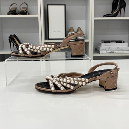 Chanel Leather CC Logo Pearl Quilted Strap Sandals Brown — view 3