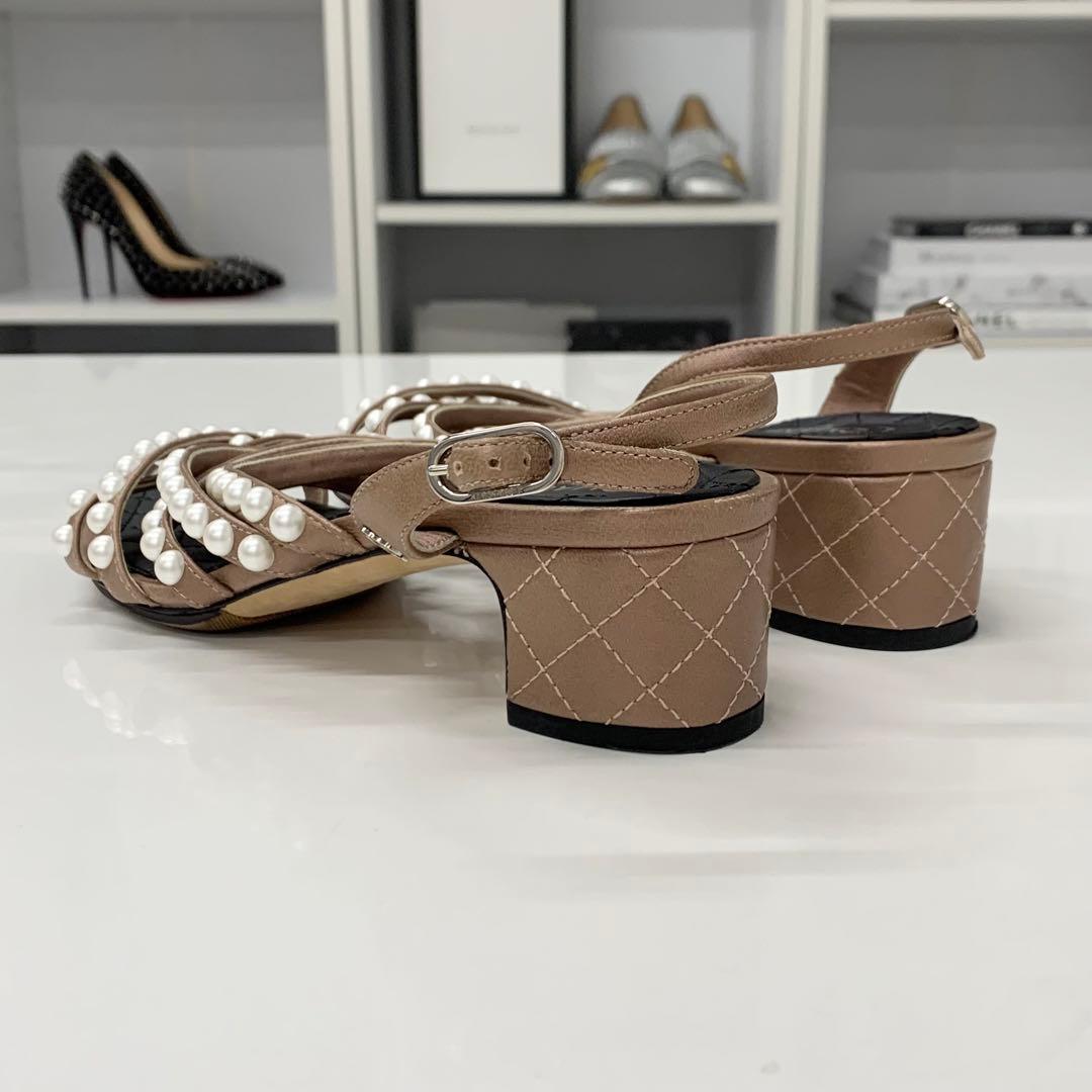 Chanel Leather CC Logo Pearl Quilted Strap Sandals Brown — view 4