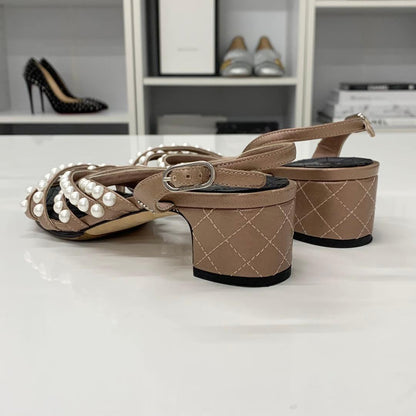 Chanel Leather CC Logo Pearl Quilted Strap Sandals Brown — view 4