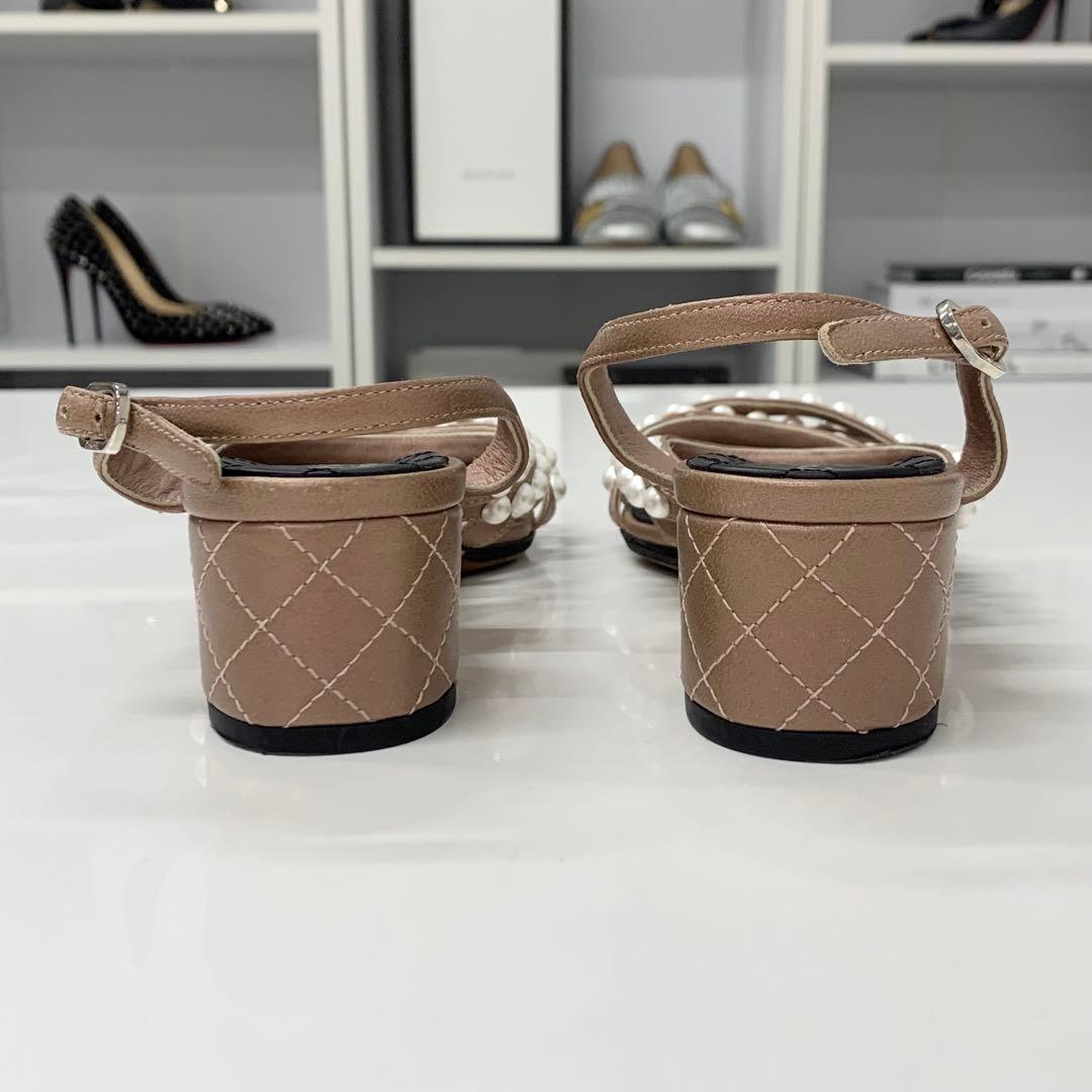 Chanel Leather CC Logo Pearl Quilted Strap Sandals Brown — view 5