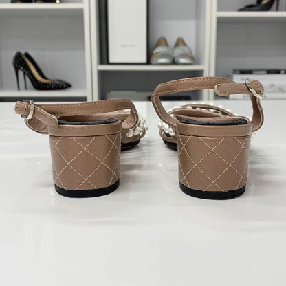 Chanel Leather CC Logo Pearl Quilted Strap Sandals Brown — view 5
