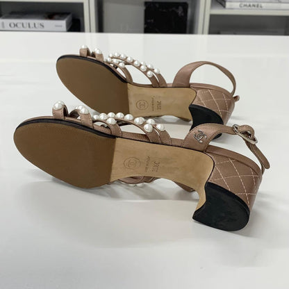 Chanel Leather CC Logo Pearl Quilted Strap Sandals Brown — view 6