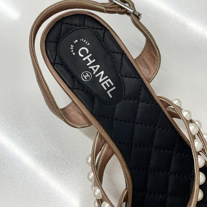 Chanel Leather CC Logo Pearl Quilted Strap Sandals Brown — view 7