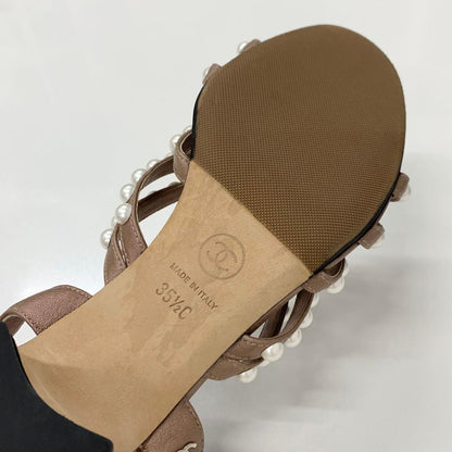 Chanel Leather CC Logo Pearl Quilted Strap Sandals Brown — view 8