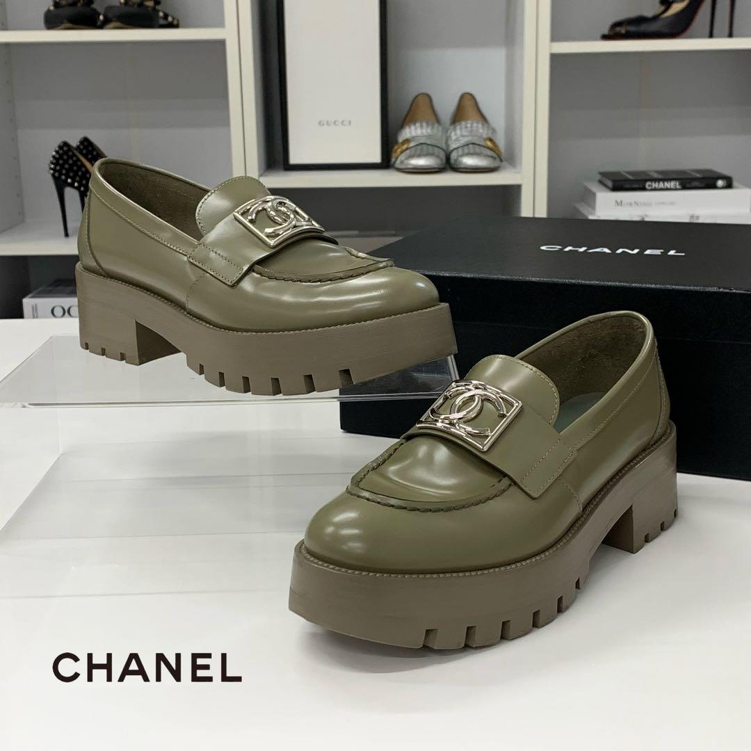 Chanel CC Logo Leather Loafers Khaki