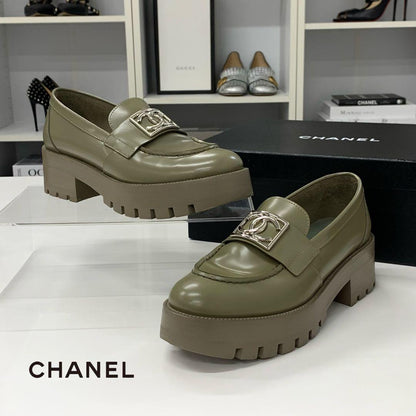 Chanel CC Logo Leather Loafers Khaki