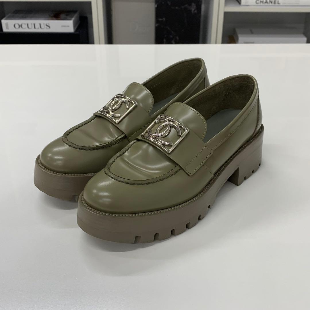 Chanel CC Logo Leather Loafers Khaki — view 3