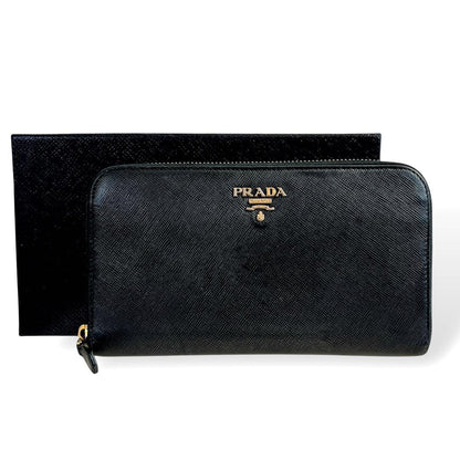 Accessories Complete Prada Long Wallet Metal Logo Round Zip Saffiano Black