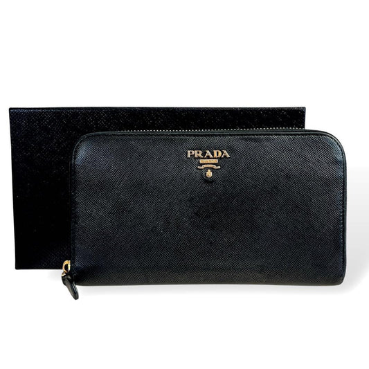 Accessories Complete Prada Long Wallet Metal Logo Round Zip Saffiano Black