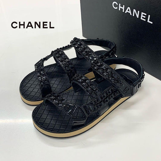 Chanel CC Logo Leather Chain Velcro Sandals Black