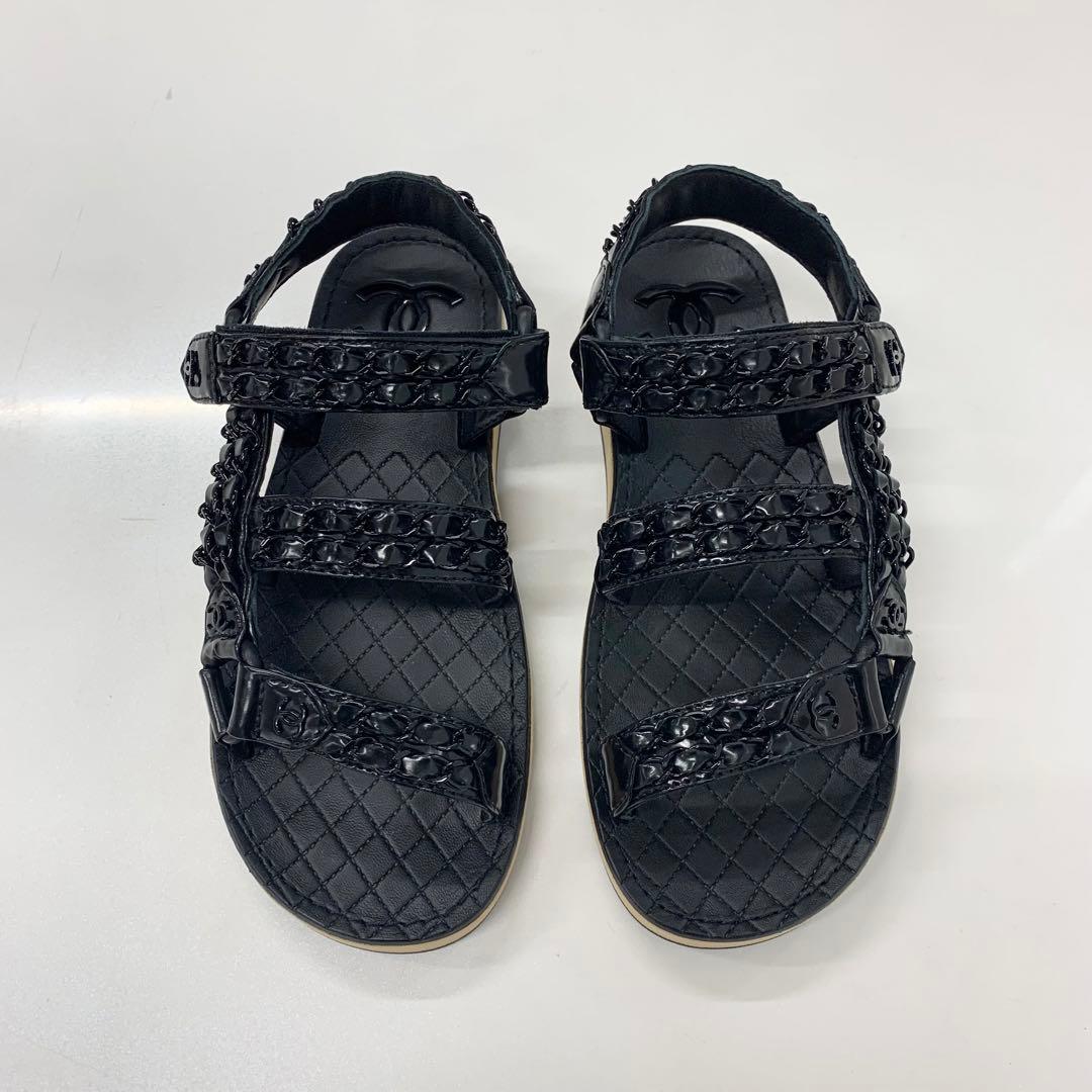 Chanel CC Logo Leather Chain Velcro Sandals Black — view 2