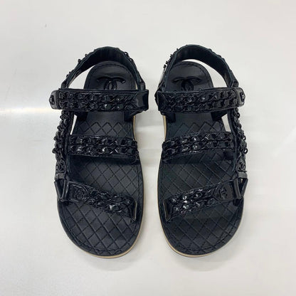 Chanel CC Logo Leather Chain Velcro Sandals Black — view 2