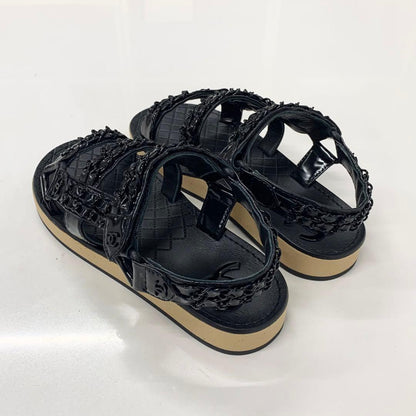 Chanel CC Logo Leather Chain Velcro Sandals Black — view 4