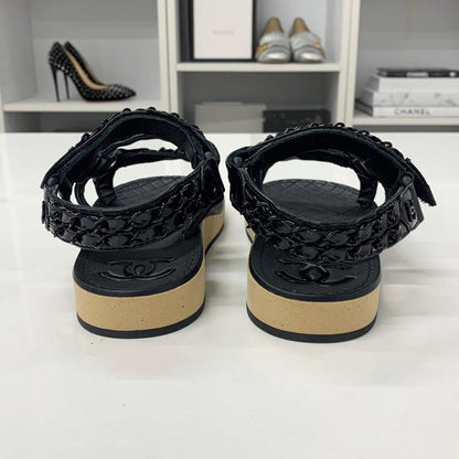 Chanel CC Logo Leather Chain Velcro Sandals Black — view 5