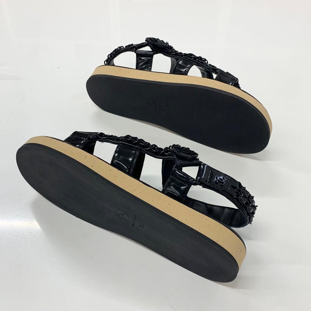 Chanel CC Logo Leather Chain Velcro Sandals Black — view 6