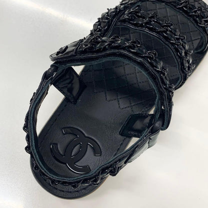 Chanel CC Logo Leather Chain Velcro Sandals Black — view 7