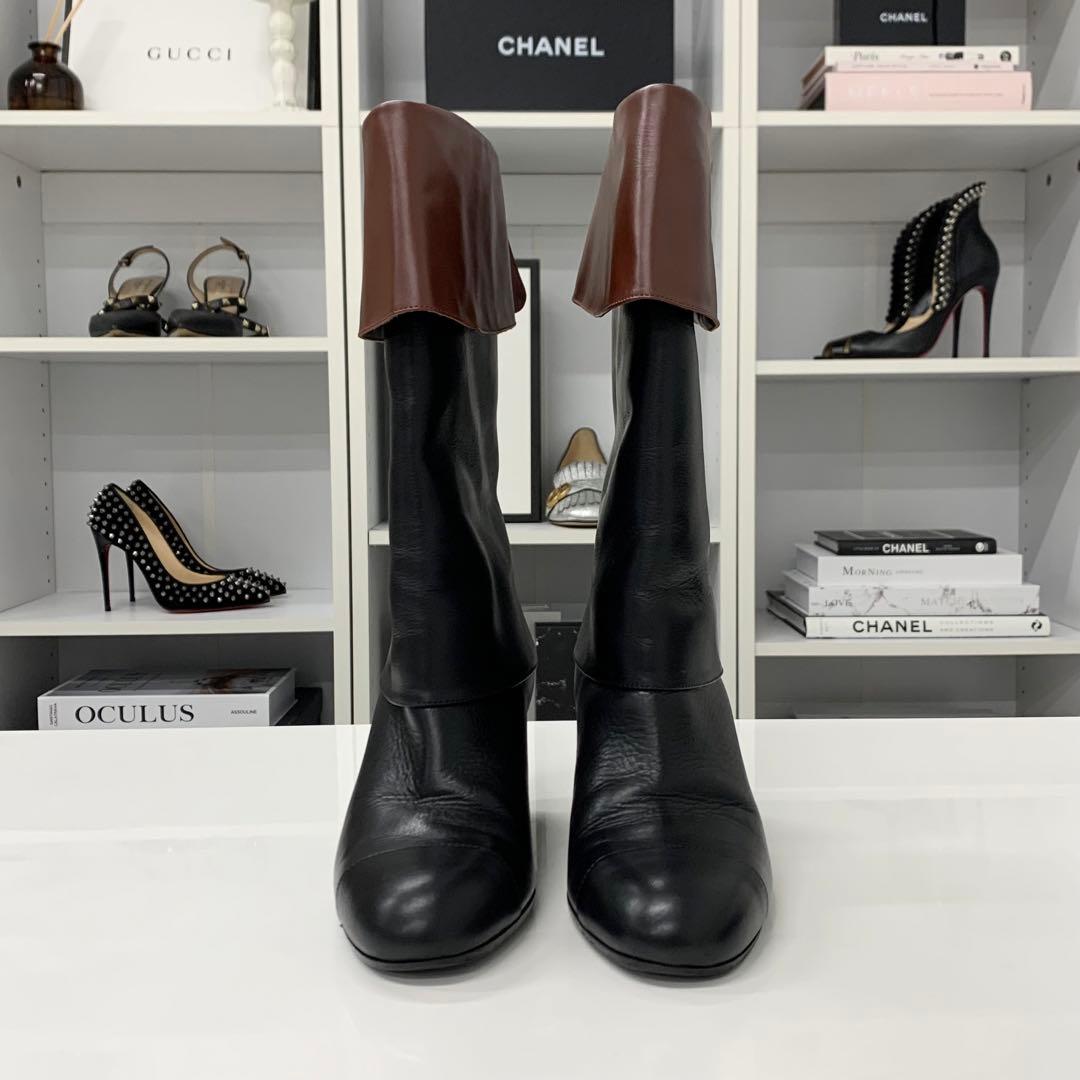 Chanel CC Logo Calfskin Lapel Mid Boots Black Brown — view 2