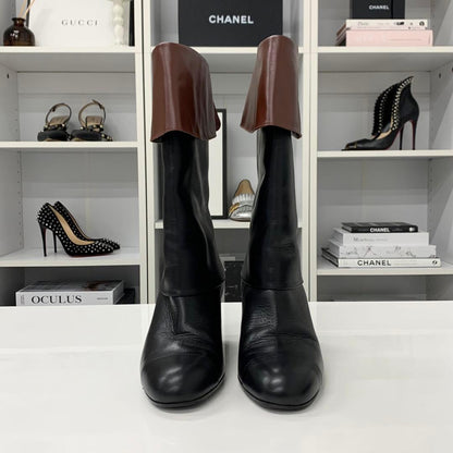 Chanel CC Logo Calfskin Lapel Mid Boots Black Brown — view 2