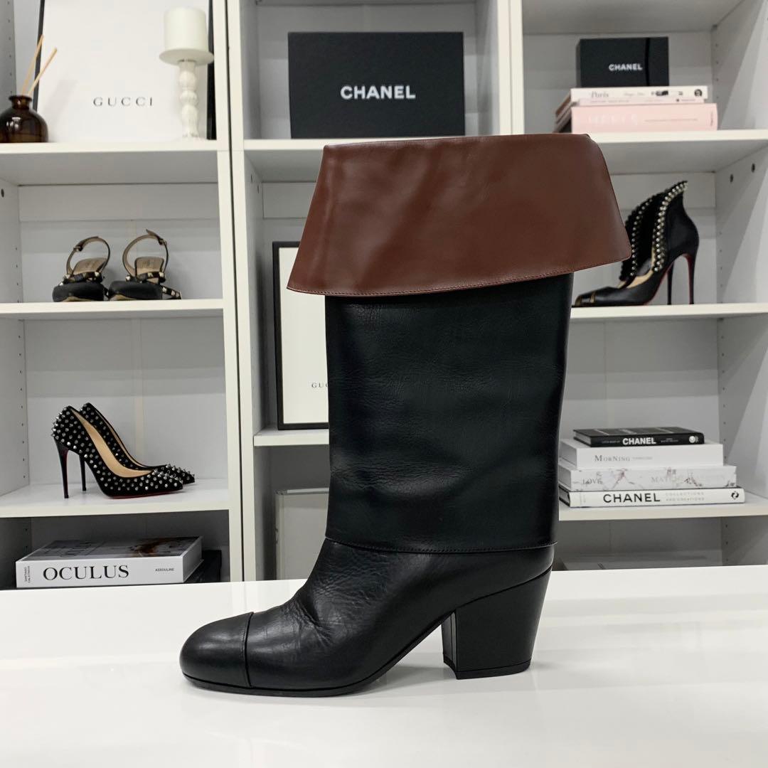 Chanel CC Logo Calfskin Lapel Mid Boots Black Brown — view 3