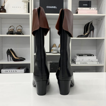 Chanel CC Logo Calfskin Lapel Mid Boots Black Brown — view 5