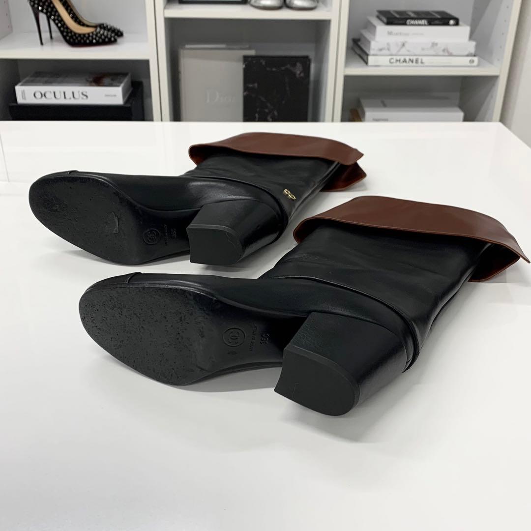 Chanel CC Logo Calfskin Lapel Mid Boots Black Brown — view 6
