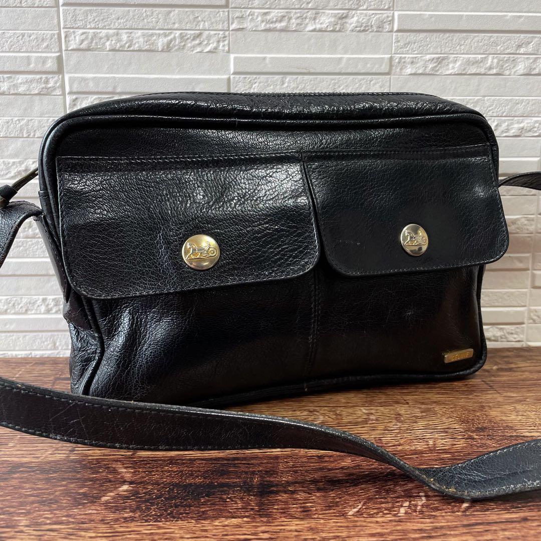 Celine Leather Carriage Logo Shoulder Bag Gold Black