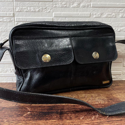 Celine Leather Carriage Logo Shoulder Bag Gold Black