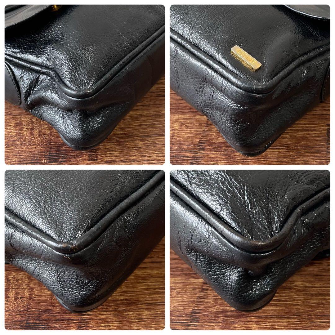 Celine Leather Carriage Logo Shoulder Bag Gold Black — view 6