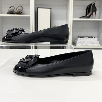 Chanel Leather Patent Camellia CC Logo Flat Shoes — view 3