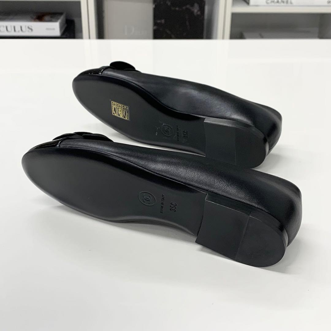 Chanel Leather Patent Camellia CC Logo Flat Shoes — view 6