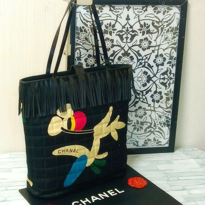 Chanel Choco Bar Handbag Enamel Canvas Fringe Black
