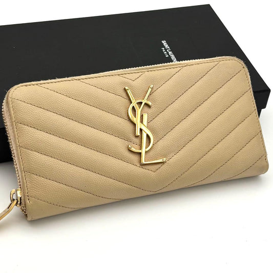 Saint Laurent Stitch Beige Leather Zip Around Wallet