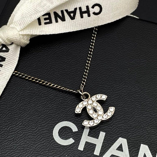 Chanel CC Logo Necklace Rhinestone Silver Icon