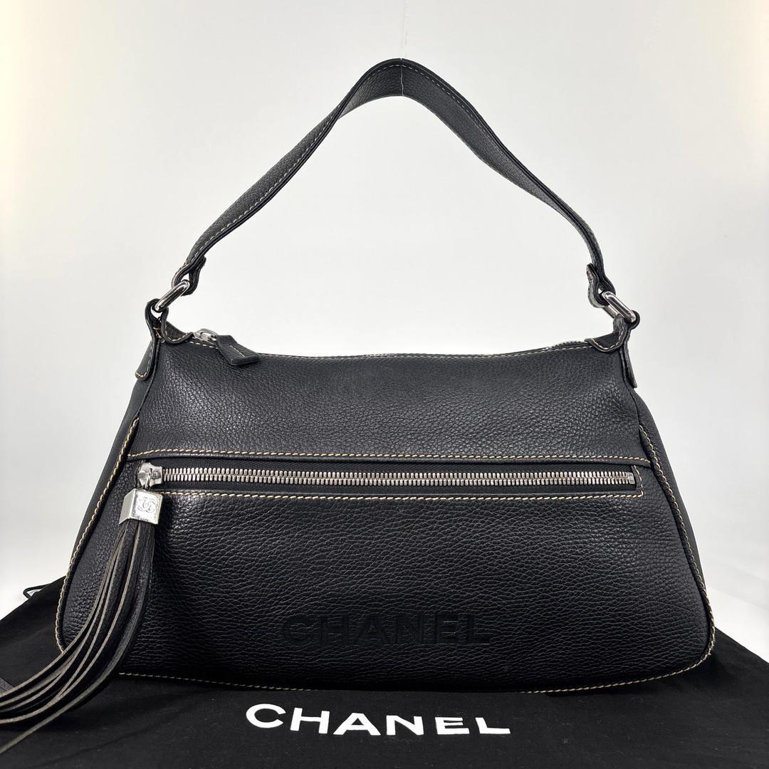 Chanel Super Logo Shoulder Bag Fringe Tassel Leather Black
