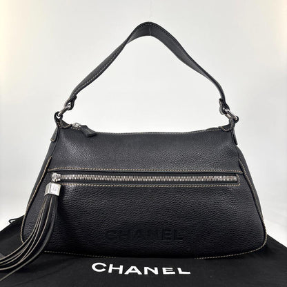 Chanel Super Logo Shoulder Bag Fringe Tassel Leather Black
