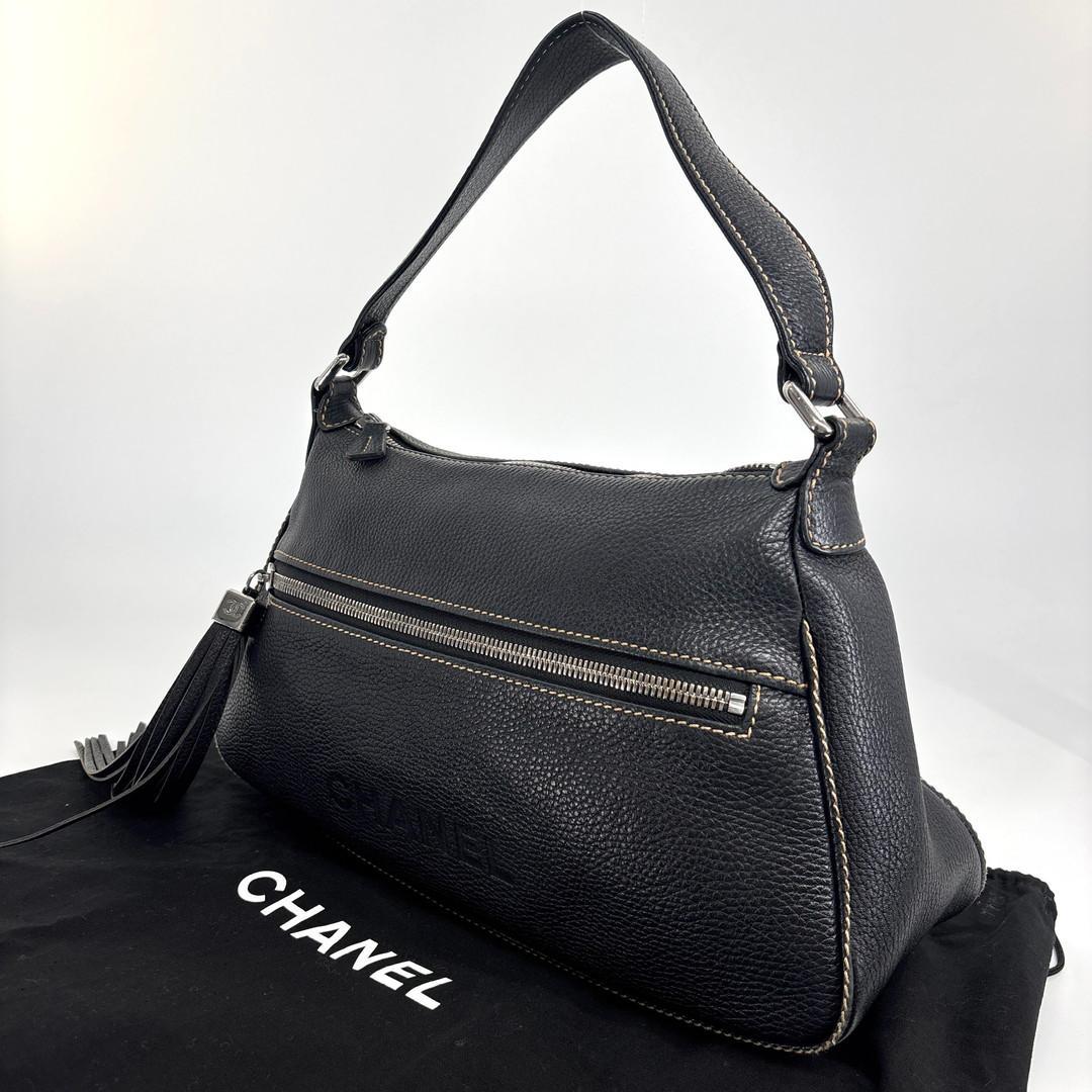 Chanel Super Logo Shoulder Bag Fringe Tassel Leather Black — view 2