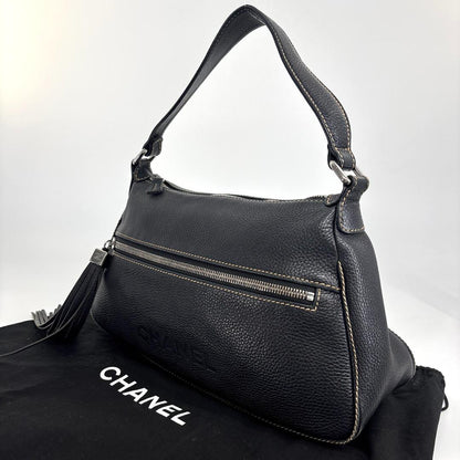 Chanel Super Logo Shoulder Bag Fringe Tassel Leather Black — view 2
