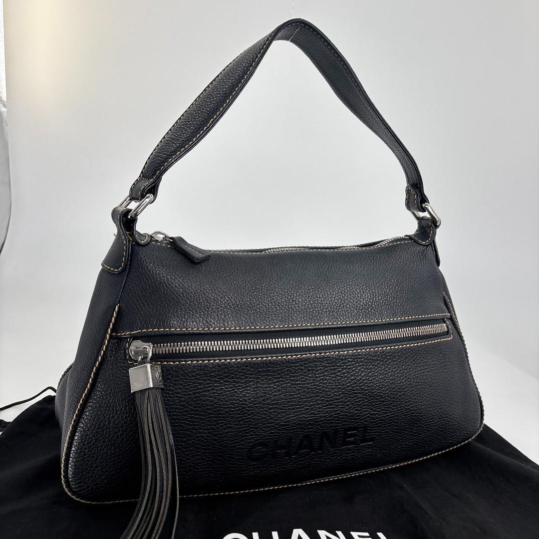 Chanel Super Logo Shoulder Bag Fringe Tassel Leather Black — view 3