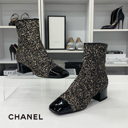 Chanel CC Logo Glitter Patent Short Boots Black