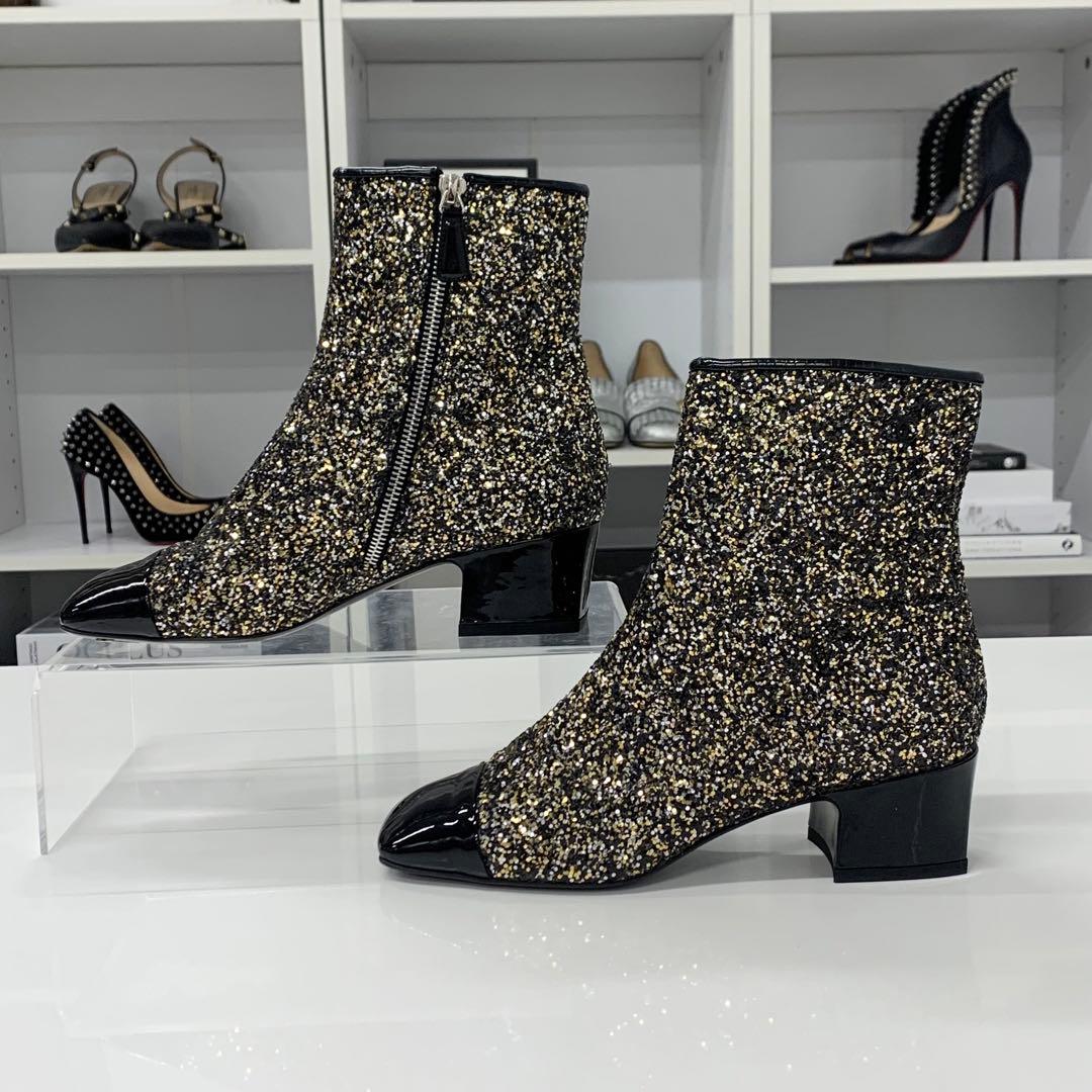 Chanel CC Logo Glitter Patent Short Boots Black — view 2