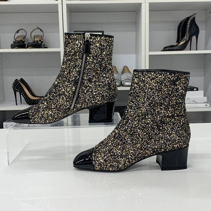 Chanel CC Logo Glitter Patent Short Boots Black — view 2