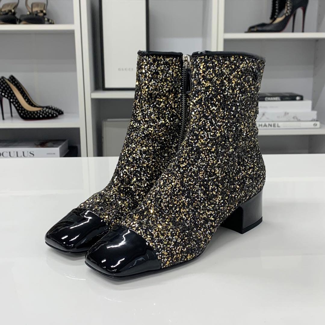 Chanel CC Logo Glitter Patent Short Boots Black — view 3