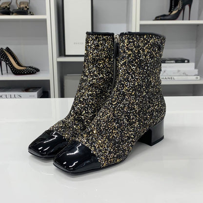 Chanel CC Logo Glitter Patent Short Boots Black — view 3