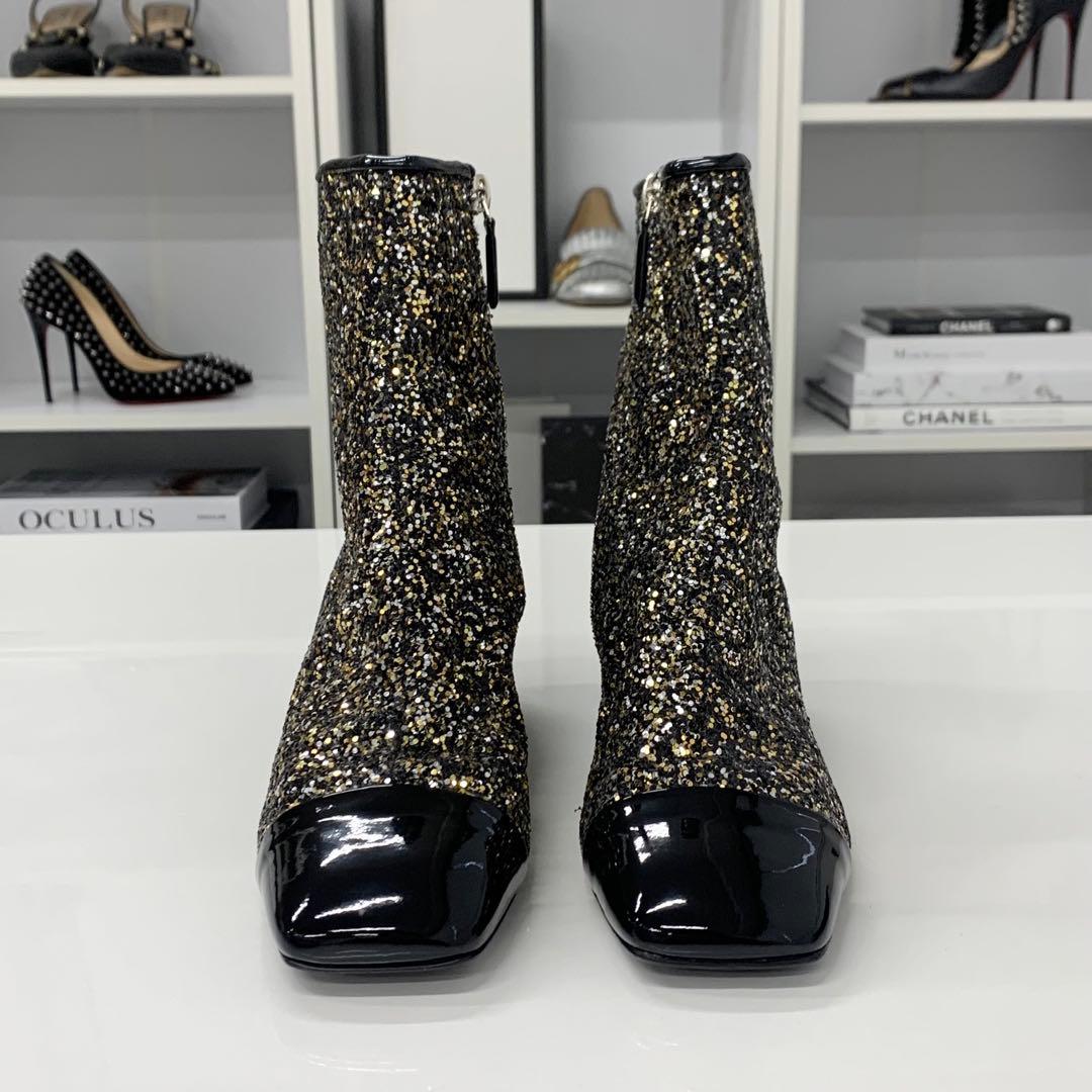 Chanel CC Logo Glitter Patent Short Boots Black — view 4